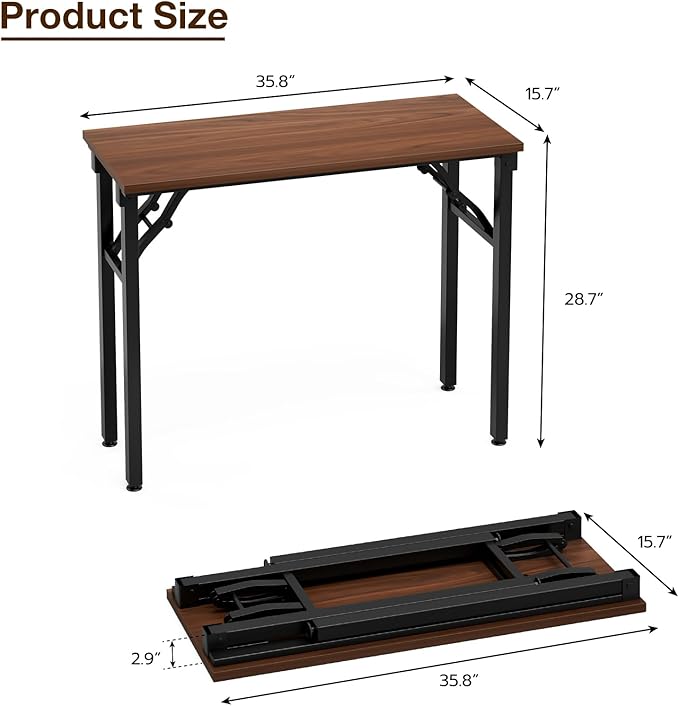 Foldable Desk Folding Table - 35.8" Folding Desk for Small Spaces, No Assembly Stable Portable Computer Desk for Home Office Study, Foldable Table for Bedroom, Dark Walnut
