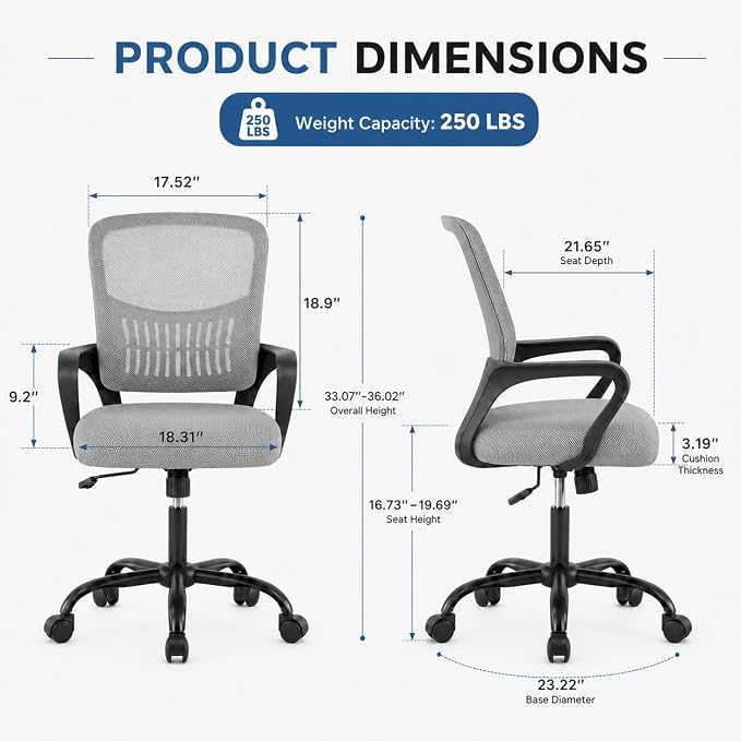 Ergonomic Office Chair, Home Office Desk Chair, Game Chair with Lumbar Support, Breathable Mesh Chairs, Swivel Desk Chairs for Computer, Home, Office, 360° Swivel (Grey)