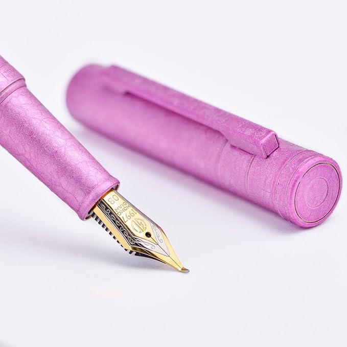 Hongdian 1851 Forest Fountain Pen Pink Ice Flowers, Bent Nib Classic Design with Converter and Metal Pen Case