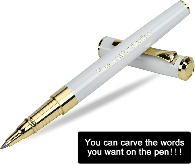 1314 Free Engraving pen Personalized custom pens Roller Ballpen, Ballpoint pen, Ball pen, Medium Refill Pen Black Ink, Custom Gifts for Men, Women, Classy Gift Box (White Style 1)