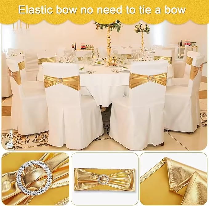 Tvoip 10PCS Chair Cover Stretch Band with Buckle Slider Sashes Bow Wedding Banquet Chair Decoration (Metallic Gold)
