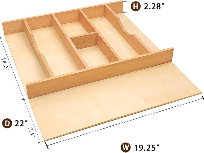 Silverware Drawer Organizer - Trim-to-Fit with Adjustable Dividers for Kitchen Utensil Storage, Beech Wood Frame with 11 Sizes (19.25" W x 22" D)