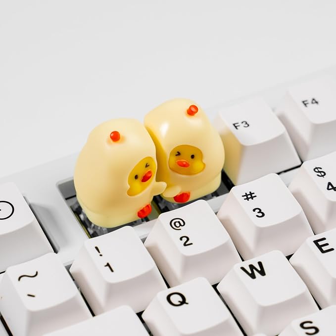 Cute Duck Mechanical Keyboard Keycaps, Cream Yellow Resin, 1U Size, MX Switch Compatible, Decorative Hugging Design, 2 Piece Set