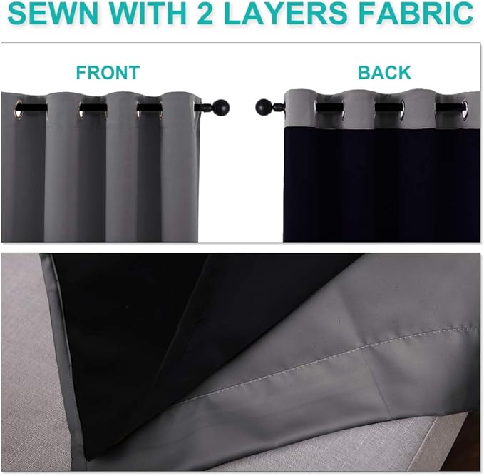 NICETOWN 100% Blackout Curtains with Black Liners, Thermal Insulated Full Blackout 2-Layer Lined Drapes, Noise Cancellation Window Draperies for Dining Room (Grey, 2 Panels, 55-inch W by 57-inch L)