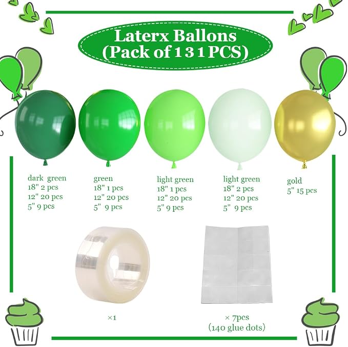 Green Balloon Arch Garland Kit,131PCS Graduation Balloon Arch Kit, Shades of Green and Gold Balloons in Different Sizes for Graduation Party 2026, Jungle Safari Birthday, Baby Shower Decor