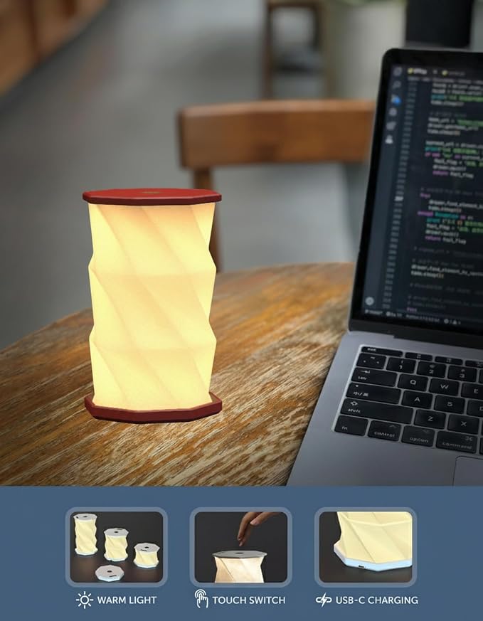 Origami Expanding Foldable LED Desk Lamp – USB Rechargeable & Portable - Dimmable Touch Control Light with Adjustable Height up to 5 1/2 for Office, Travel, Bedside - Sleek & Modern Design (Wine)