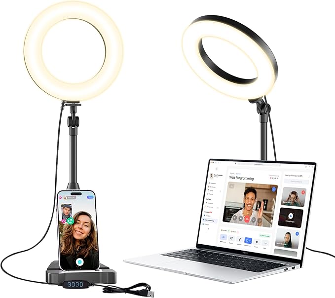 Laptop Ring Light for Video Conferencing, 6'' LED Desk Soft Halo Lighting with Phone Holder for Zoom Calls, Live Streaming, Computer Monitor Webcam, Portable Circle Light with Adjustable Stand