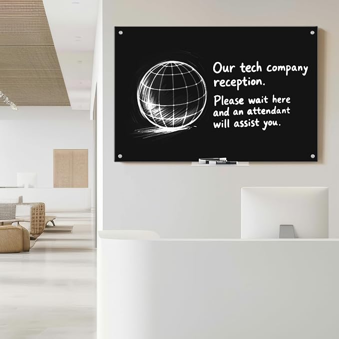 maxtek Black Dry Erase Board 48" x 36", Black Whiteboard Glass Frameless, Large Magnetic Glass White Board for Office School