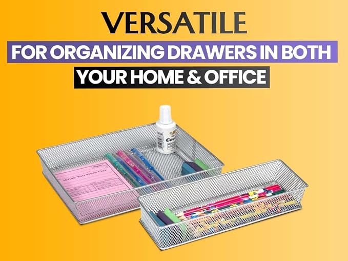 Ybm Home Silver Mesh Drawer Cabinet and or Shelf Organizer Bins, School Supply Holder Office Desktop Organizer Basket (2, 3x15x2 Inch)