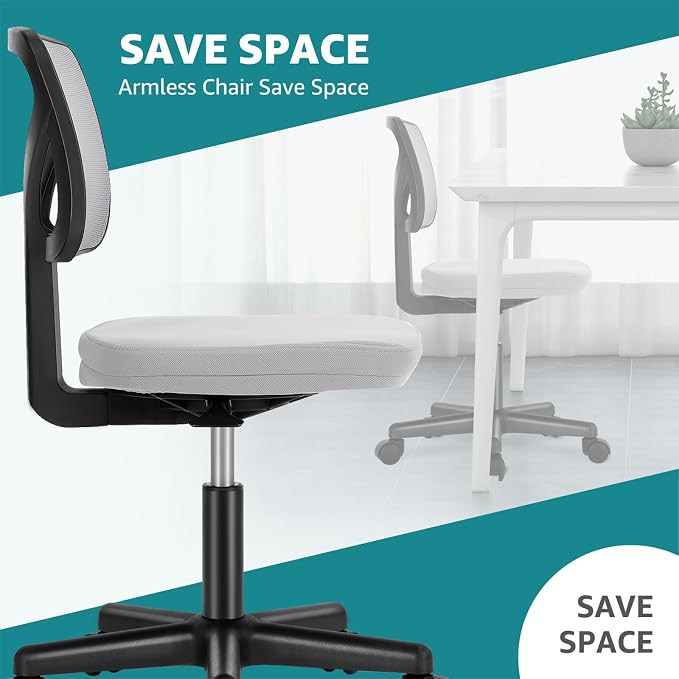 OLIXIS Armless Office Chair, Ergonomic Desk Chair with Wheels, Mesh Back, Removable Washable Foam Cushion, Height Adjustable Rolling Swivel Chairs for Small Space, Home, Office, Grey