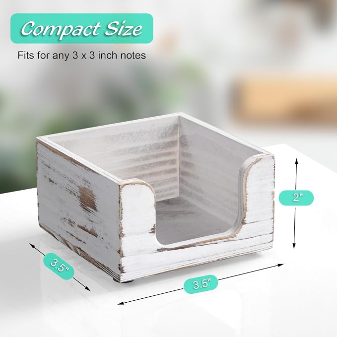 Wood Sticky Note Holder, White Washed 3 x 3 Inch Post It Note Dispenser for Office Desk Accessories, Self Stick Note Pad Holder, Memo Pad Holder Dispenser Organizer for School Office Desk Supplies