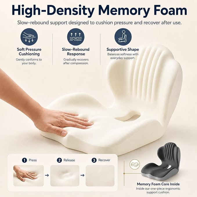 Car Seat Cushion with Lumbar Support, One-Piece L-Shaped Memory Foam | Ergonomic design with coccyx cutout, hip-to-thigh support and anti-slip base for long drives, office chairs and wheelchairs.