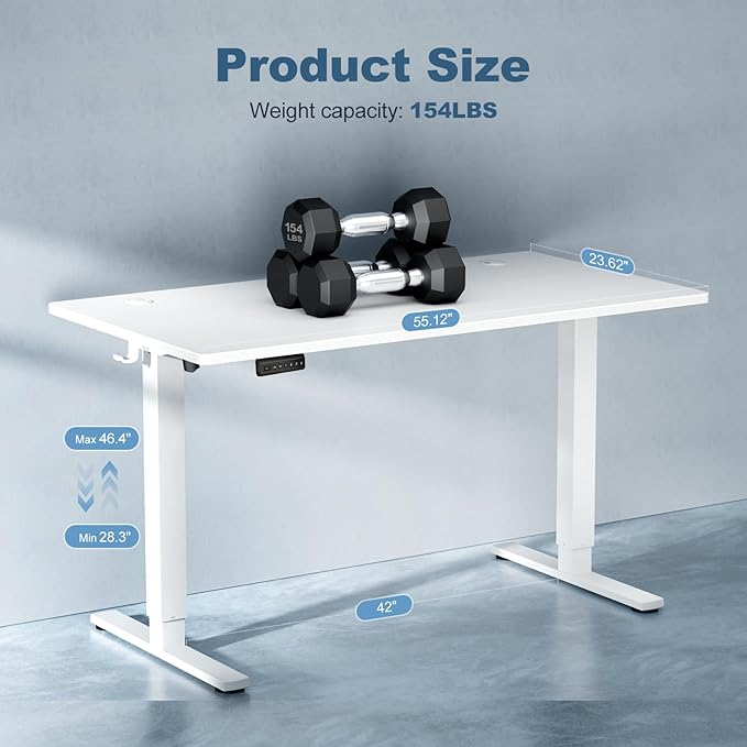 DUMOS 55 Inch Electric Standing Desk Height Adjustable, Sit to Stand Computer Workstations Large Work PC Table Home Office Writing Gaming Desks with Memory Presets for Walking Pad, Bedroom, White