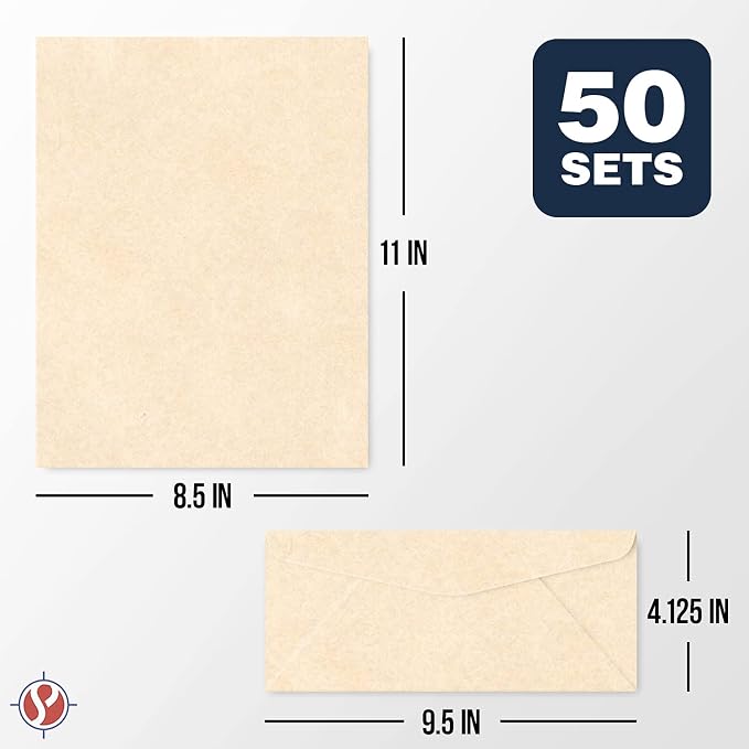 Matching 8.5 x 11” Paper & #10 Envelopes, Imitation Natural Parchment Finish – Great for Letters, Invitations, Announcements, Business Documents | 24lb Text, 90 GSM | 50 Paper & 50 Envelopes Per Pack