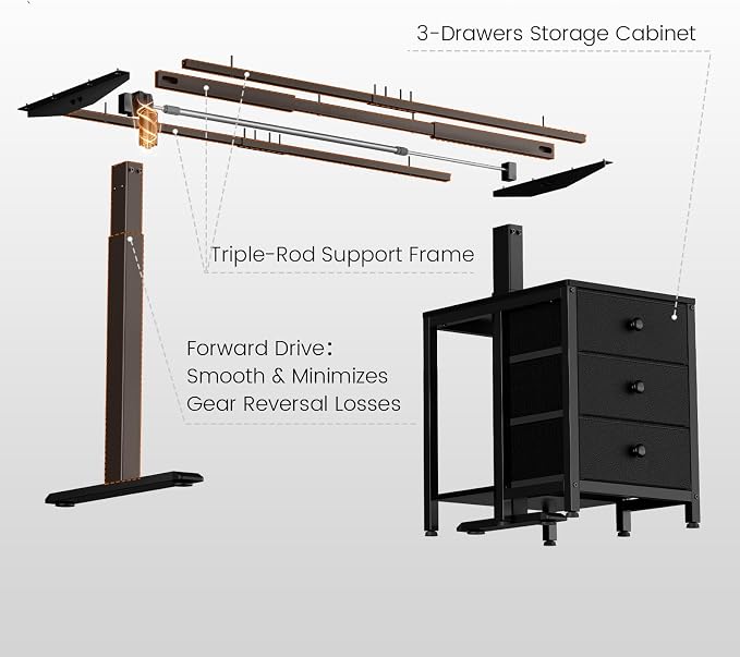 REAHOME 47 Inch Black Electric Height Adjustable Standing Desk with Drawers | Dual Motor Sit-Stand Frame With 3 Memory Presets, Printer Cabinet, Hooks & Cable Management For Home Office Gaming Desk