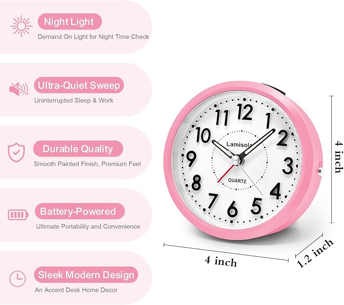 Lamisola 4 Inch Alarm Clock for Bedrooms, Small Analog Desk Clock, Pink | Battery Operated Bedside Clock for Bedroom Bathroom Home Nightstand Shelf, Night Light Snooze, Minimalist Clocks for Seniors