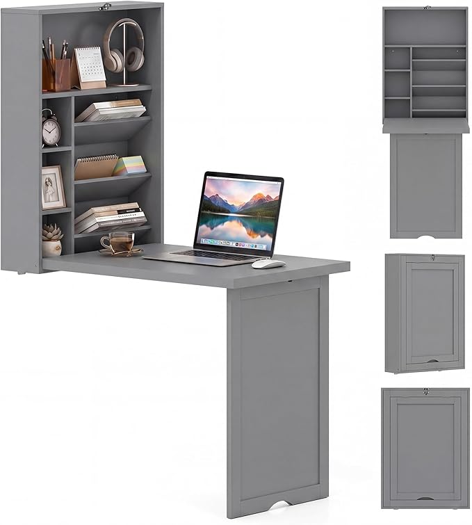 Giantex Wall Mounted Desk, Foldable Convertible Computer Desk with Storage Shelves, Space Saving Fold Out Table, Folding Floating Writing Desk for Small Spaces, Home Office, Bedroom, Apartment (Grey)
