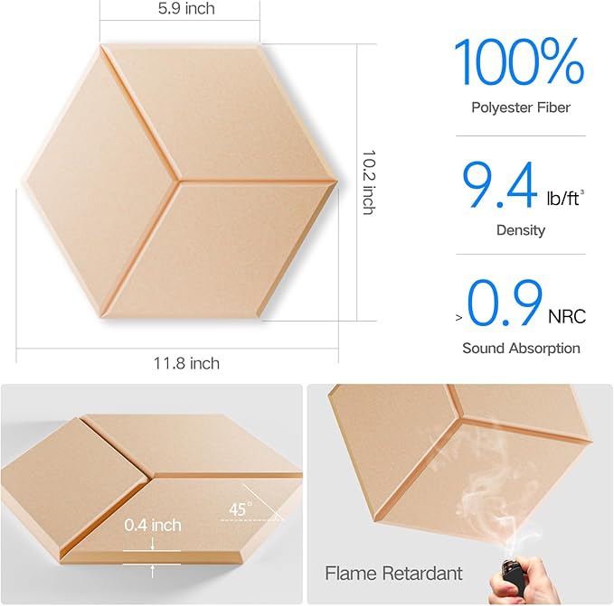 22 Pack Self-Adhesive Acoustic Panels 12" X 10" X 0.4" - Sound Proof Foam Panels with High Density, Y-Lined Design, Flame Resistant, Absorb Noise and Eliminate Echoes(Light Apricot)
