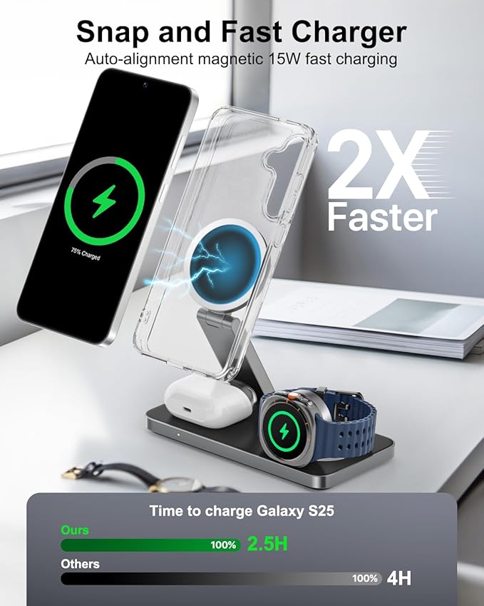 3-in-1 Charging Station for Samsung, Magnetic Fast Wireless Charger Stand Compatible with MagSafe for Galaxy S26/S25/S24/S23/Z Fold/Flip 7 Series, Galaxy Watch Ultra/8/7/6/5, Galaxy Buds Pro/4/3/2
