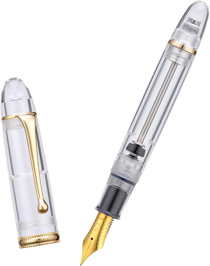 Asvine V800 Fountain Pen - Vacuum Filling System with Large Ink Capacity - Smooth Number 8 Stub Nib 1.1 mm Calligraphy Art Drawing with Gift Case and Wrench- Clear Gold Acrylic