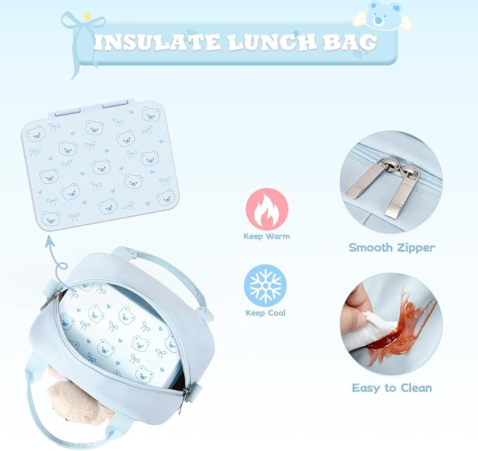 ACESAK Backpack for Girls with Bento Box - 4 PCS Cute Girls Backpack with Lunch Box, Pencil Case & Bento Box Set - 43oz Leakproof Lunch Box Kids Snack Containers Set Back to School Supplies (Blue)