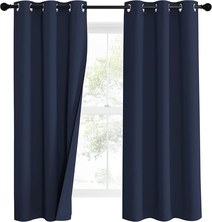 NICETOWN Bedroom Sound Reducing Curtains 2 Panel Set, Cold, Heat, and Nearby Highway Noise Blocking Drapes, Inside Detachable Felt Liner 100% Blackout Curtains for Daytime Sleep (Navy, 63" Long)