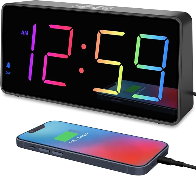 Peakeep Digital Alarm Clock for Bedroom Bedside, Loud for Heavy Sleepers | Large Big Color Changing Colorful LED Numbers for Seniors 6 Brightness, Battery Backup Plug in Electric Clock, USB Charger