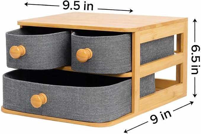 Bamboo Desk Organizer with 3 Drawers - Fabric Storage Box for Makeup, Jewelry, Office Supplies - Eco Friendly Wooden Organizer for Home & Office