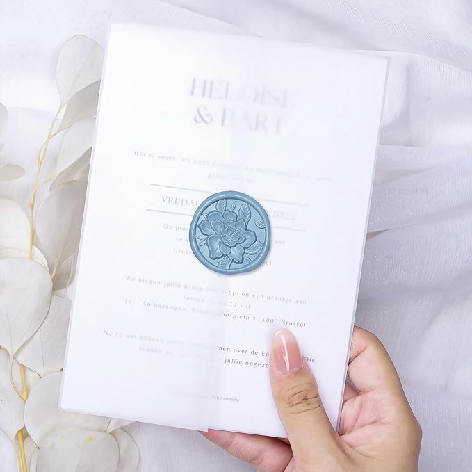 UNIQOOO Wax Seal Stickers - 3D Vintage Floral Wedding Invitation Envelope Botanical Seal Stickers, 50 Pcs Self- Adhesive Dusty Blue Flower Stickers, Perfect for Invitation, Gift Wrapping, Party
