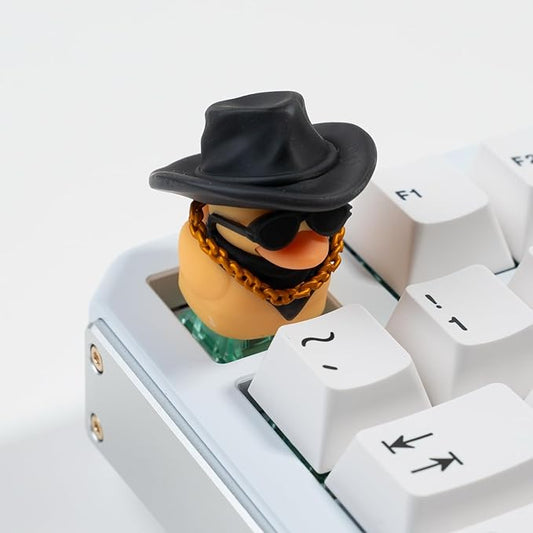 1U Handmade Resin Cowboy Duck Keycap - Cute Duck with Sunglasses Cowboy Hat Scarf, Compatible with MX Switch Mechanical Keyboards