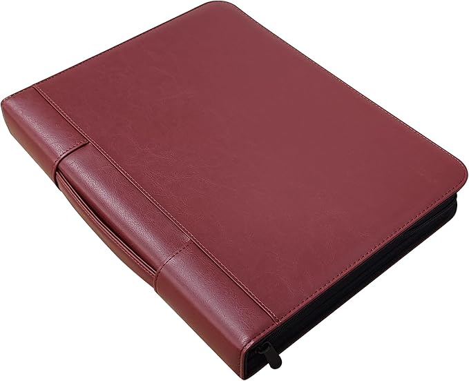 Faux Leather 3 Ring Portfolio Binder With Handle, Business Padfolio for Men & Women, Zippered Document Organizer for Home & Office Use, Including Clipboard, Notepad and Sheet Protectors (Brown)