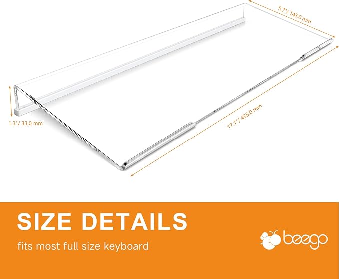 BEEGO Ergonomic Computer Keyboard Stand - Clear Acrylic Keyboard Riser Tilted Keyboard Holder Keyboard Tray with White Non-Slip Strip for Easy Typing at Home School Office Desk Accessories