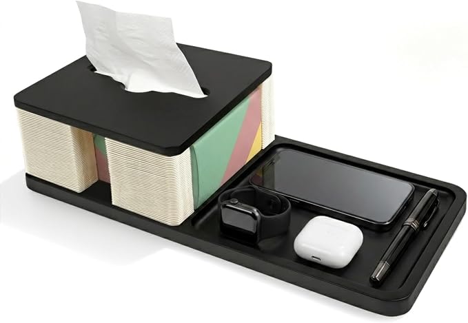 Bamboo Tissue Box Cover Rectangle with Tray, Nightstand & Desk Organizer | Decorative tissue box holder & tissue holder for bedside table; 12.5cm wide opening for easy refills; water-resistant bamboo