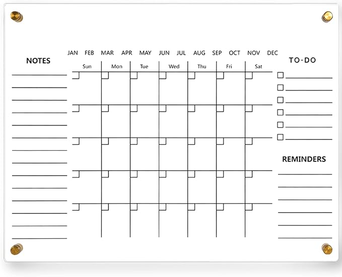 Clear Acrylic Calendar Dry Erase for Wall, Family Planner, Monthly Calendar Dry Erase Whiteboard for Home, Office, 17" x 13"Reusable White Board（Clear-3343）
