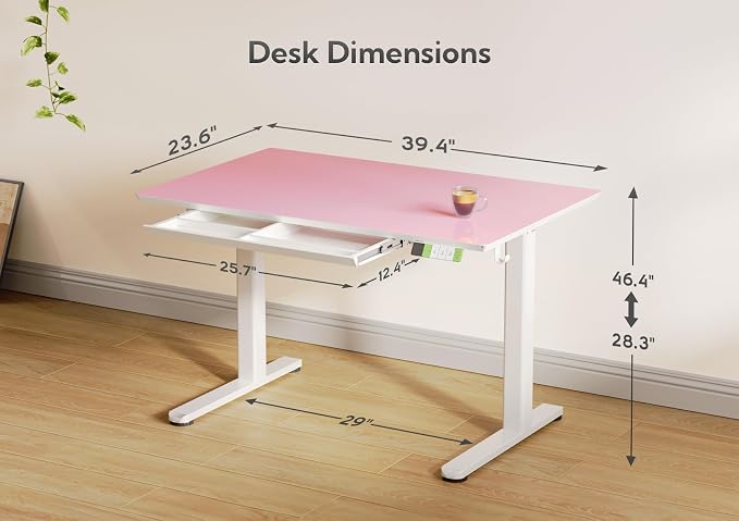 INNOVAR 40×24 Inch Morandi Powder Glass Standing Desk with Drawers | Tempered Glass Top, Ergonomic, Adjustable Height, Stand Up Desk,4 Memory Presets
