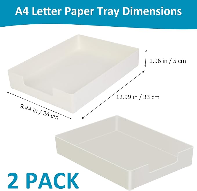 Paper Tray, Letter Tray, 2-Pack Desk Tray Organizer, Plastic A4 Letter-Size Printer Paper Holder, Rectangular Desktop Stackable File Mail Document Storage Container for Office Supplies School Home