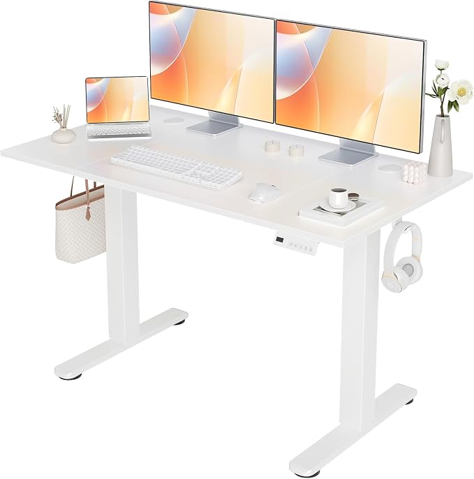 Seang Electric Height Adjustable Standing Desk, 48 x 24 Inch Sit-Stand Workstation with T-Shaped Frame, 3 Memory Height Options & Built-in Cable Management for Home Office, White Frame/White Top