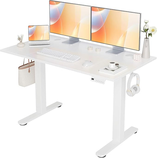 Seang Electric Height Adjustable Standing Desk, 48 x 24 Inch Sit-Stand Workstation with T-Shaped Frame, 3 Memory Height Options & Built-in Cable Management for Home Office, White Frame/White Top