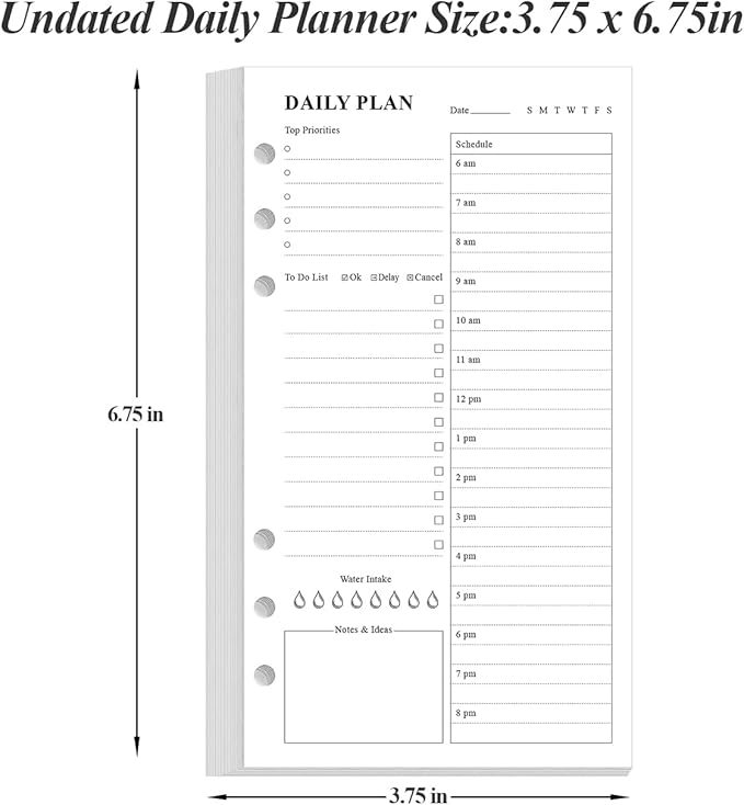 A6 Undated Daily Planner Refill - To Do List for Filofax Personal Binders, 80 Sheets/160 Pages Planner and Lined Refill, 6-Hole Punched, 3.75" x 6.75"