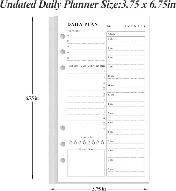 (2-Pack) A6 Undated Daily Planner Refill - To Do List for Filofax Personal Binders, 160 Sheets/320 Pages Planner and Lined Refill, 6-Hole Punched, 3.75" x 6.75"