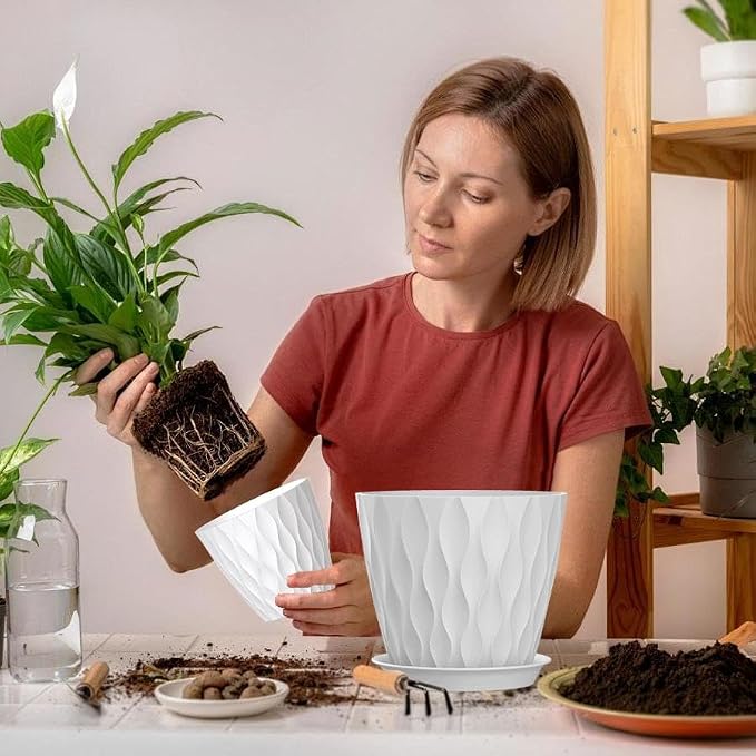 7 Inch Plant Pots 5 Pack, Flower Planters with Drainage Holes and Trays,Plastic Pots for Indoor Outdoor Plants,White