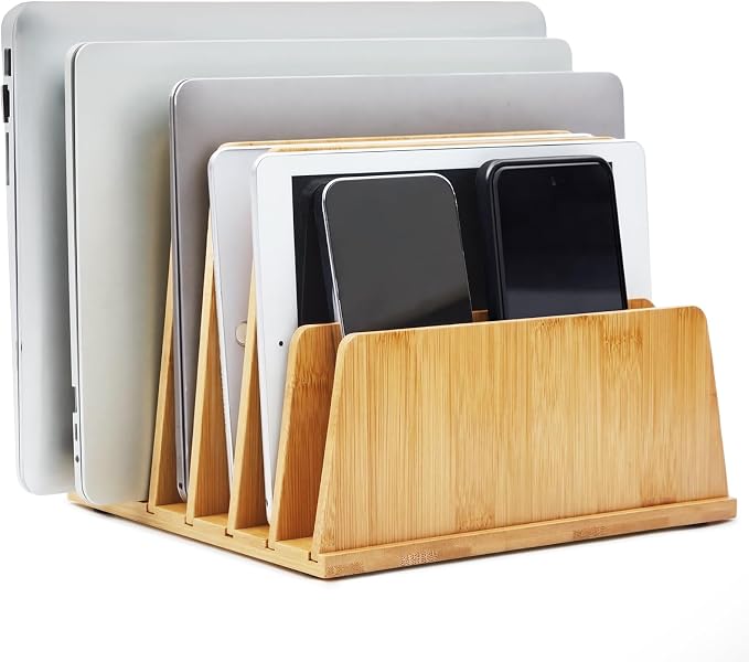 Unittype Bamboo Multi Device Organizer, 6 Slots Vertical Laptop Storage Rack, Computer Charging Station for Smartphones, Tablets and Laptops, Space Saving Organizer for Home Office