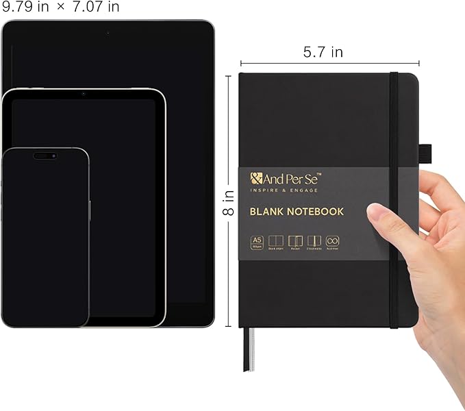 &And Per Se Blank Sketch Notebook, A5 Hardcover, 160 Pages 100gsm Thick Paper, Unlined Journal for Drawing, Doodling, Hand Lettering – Creative Gift for Artists, Designers, Writers (Black)