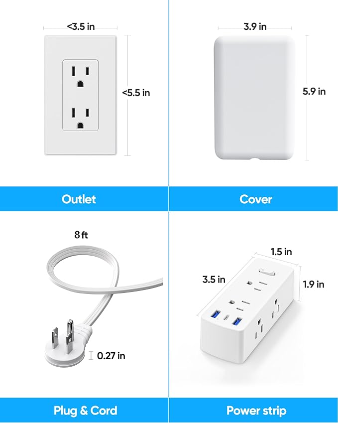 Olcorife Flat Extension Cord with Outlet Cover, Flat Plug Power Strip with 6 Outlets and 3 USB Ports, 8 FT Cord Hidden Outlet Extender for Tight Spaces