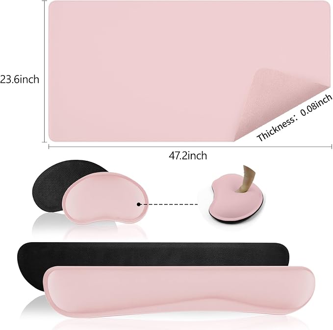 Pink Leather Desk Pad and Keyboard Wrist Rest, 47.2"x23.6" | 3in1 Mouse pad + Keyboard Wrist Rest + Mouse Wrist Rest, Non-Slip Waterproof Desk Writing Pad for Office and Home