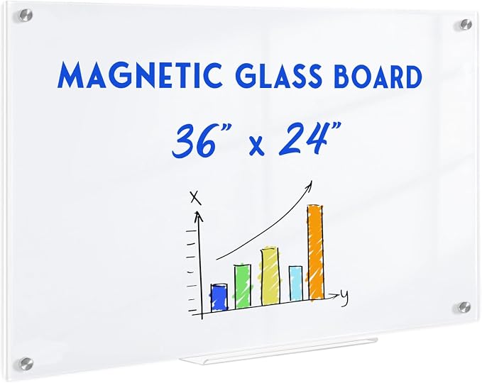 Magnetic Glass Whiteboard, 36" x 24", Frameless Wall Mount, Ultra White | Glass Dry Erase Board for Wall, Includes 1 Marker Tray and 6 Magnets, White Board for Office, Home, Classroom