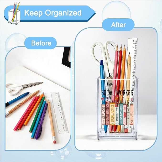 Social Worker Acrylic Organizer Pencil Pen Holder, Book-Themed Desk Organizer, Work Anniversary Social Work Month Gifts for Society Worker Counselor Book Lover, Graduation Gifts for Student