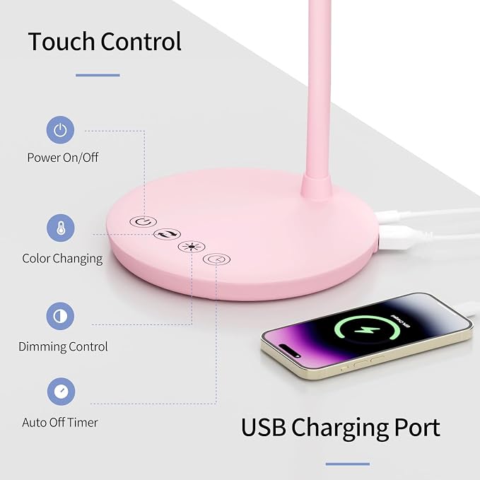 AXX TU08 Pink Cute Desk Lamp with USB Charging Port, 650 Lumens 3-Color Modes, 5-Touch Dimming, 30/60-Minute Timer, 18-Inch LED Small Table Light for Kids Teen Girls, College Dorm Room Essentials