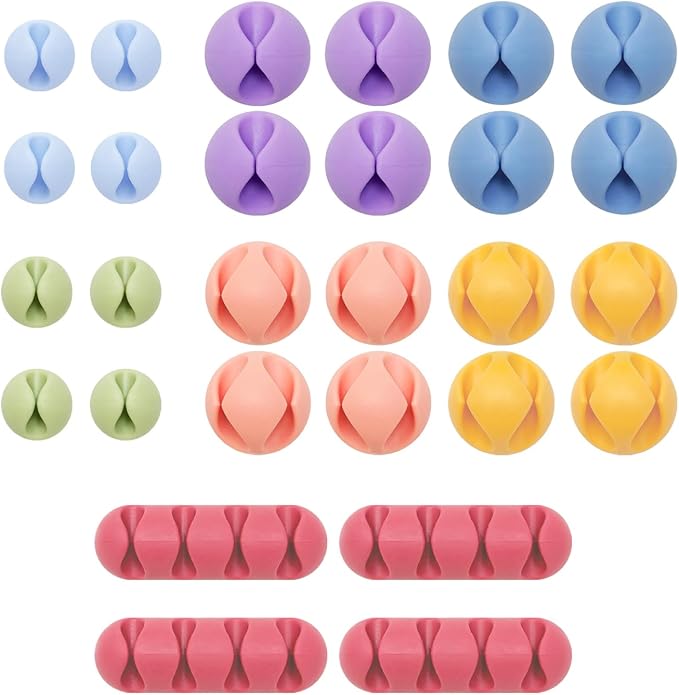 Wrap-It Storage Cable Clips - (Assorted 28-Pack) Macaron | Desk and Nightstand Cable Holder for Phone and Bedside Table Cord Organizer