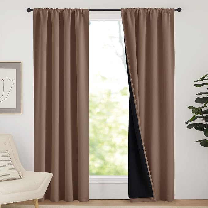 NICETOWN Warm Curtains for Winter, 100% Blackout Curtains Thermal, Noise Reduction and Privacy Curtains for Patio Door, Black Lined Blackout Drapes with Rod Pocket, Cappuccino, 1 Pair, W42 x L84
